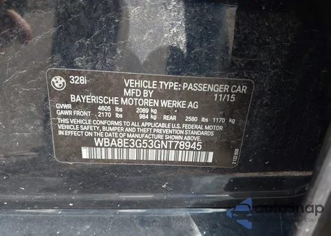 2016 BMW 328I xDrive из США, поврежденный, VIN WBA8E3G53GNT78945